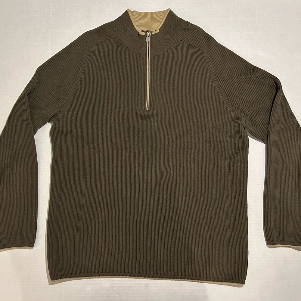 Indigo Palms Ribbed Sweater Cotton Quarter Zip Men's L in Green/Brown